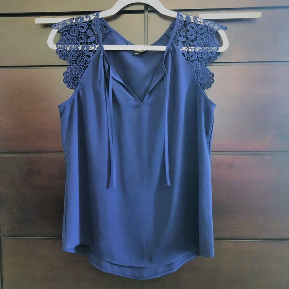 Vibrant Blue Crocheted Sleeves Tie Neck Blouse XS - Picture 2 of 15